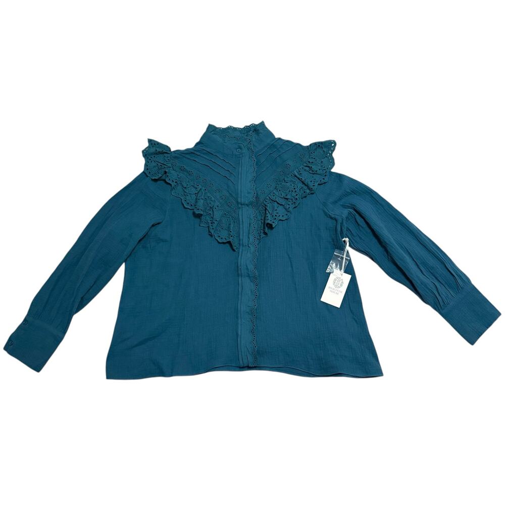 NEW Hyacinth House Tuckernuck Teal Eyelet Tatum Blouse Lace Trim Ruffle Large - Picture 3 of 14